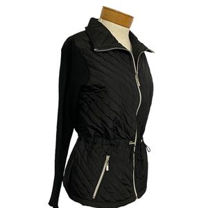 Thomas & Olivia Black Quilted Jacket Knit Sleeves Cinched Waist Small